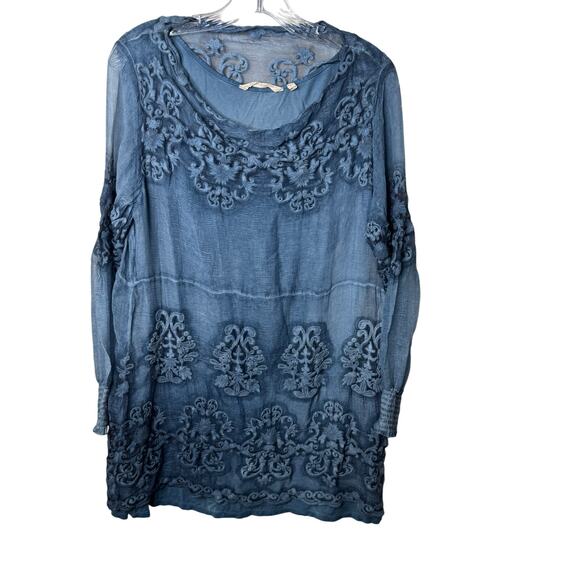 Soft Surroundings Silk Embroidered Tunic Top Women’s Large Blue Boho Lace Detail - Picture 1 of 8